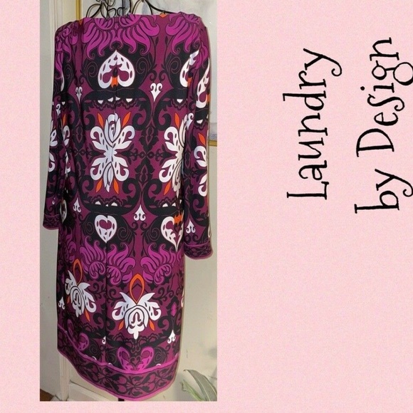 LAUNDRY BY DESIGN SILKY PURPLE KNIT SHIFT DRESS W/BLACK,WHITE PRINT~3/4 SLEEVE~S - Picture 2 of 6